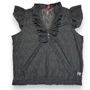 Pure Energy Womens Blouse Top Shirt Sheer Lace Ruffled Pullover Black Size 4
